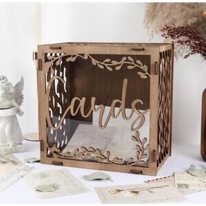 Wooden Gift Box Card Holder with Acrylic Window, Vintage Envelope Money Box